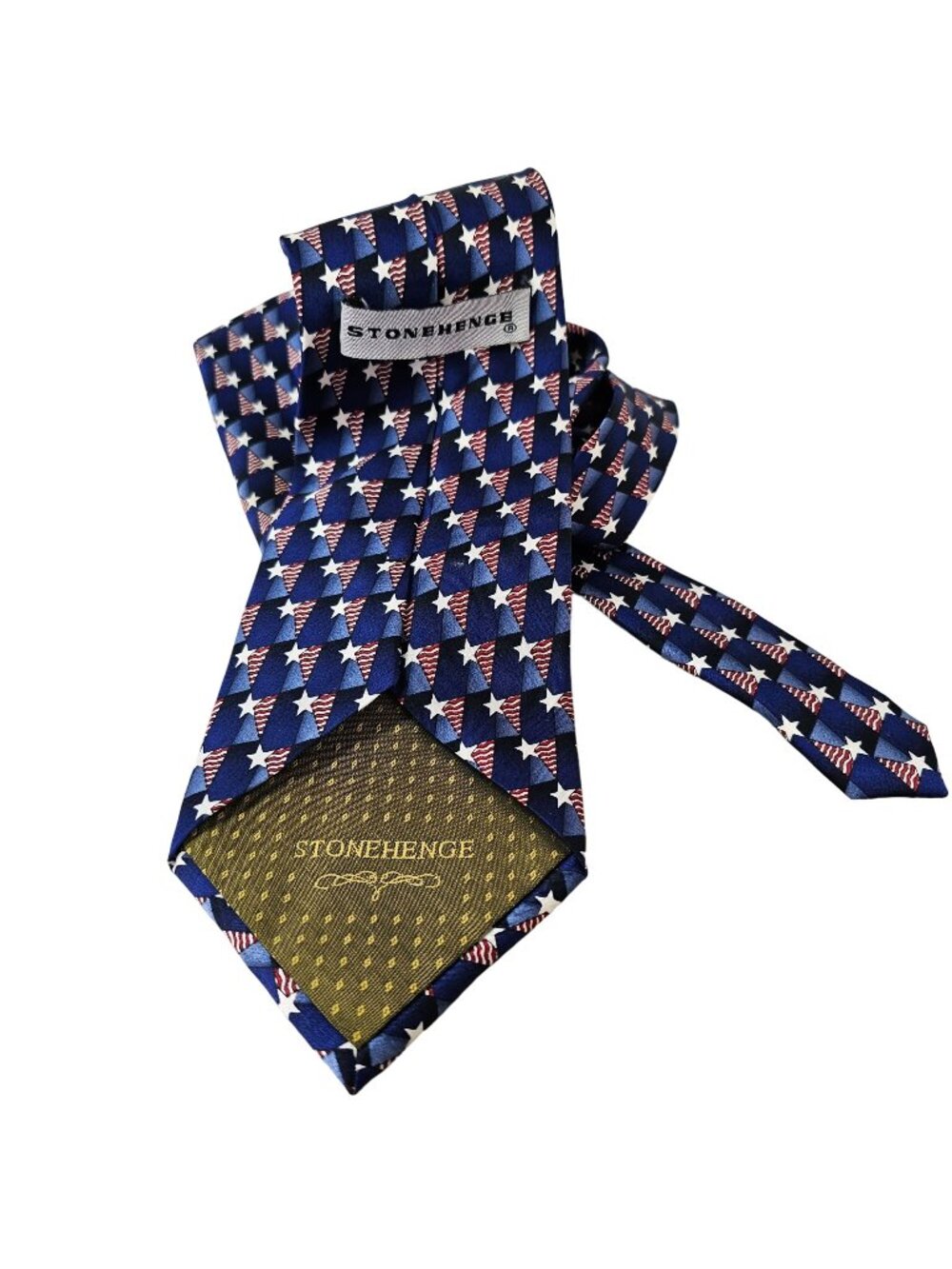 Vintage Stonehenge Silk Tie Red White Blue Patriotic Stars Handmade USA 4"x 60"